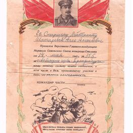 Благодарность за освобождение г. Бранденбурга № 355 от 14 мая 1945 г. А.А. Шатаревой (Шведовой)